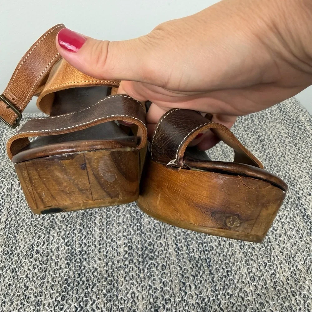 BED STU Sophie Brown Tan Leather Wood Platform Sandals 7.5